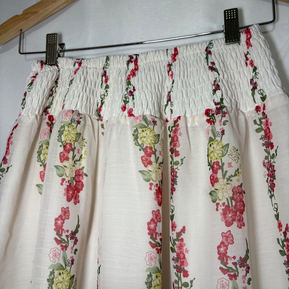 Vintage Floral Butterfly Midi‎ Skirt White Red Smocked Back Waist Size L - Picture 5 of 8